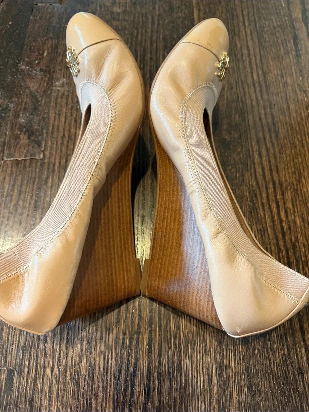 Tory Burch Nude Patent Leather Wedge Pumps